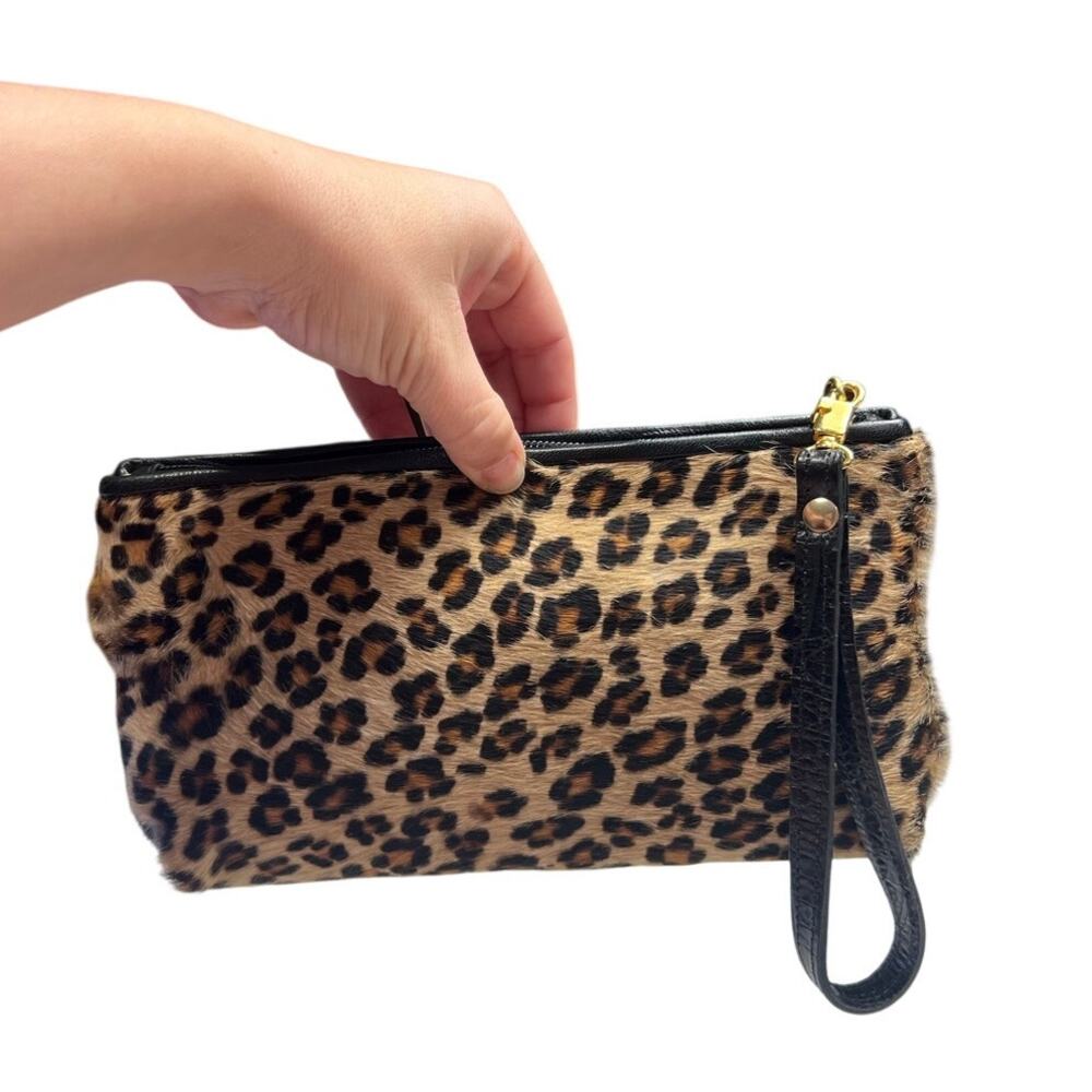 Clever Carriage Company Leopard Pony Hair Zip Top Clutch Wristlet